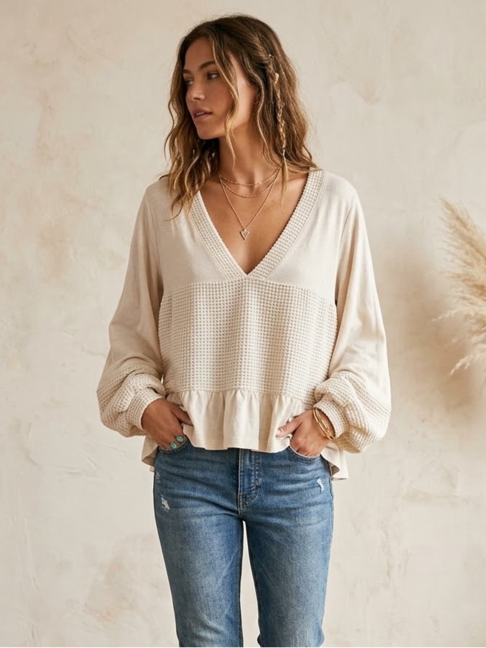 POL Cream Waffle Knit Wool Blend Thermal Peplum Blouse S Boho Cottagecore Fairy